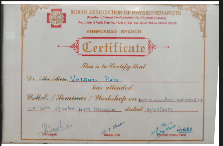 Indian Association of Physiotherapists workshop certificate of Dr. Vaibhav Patel